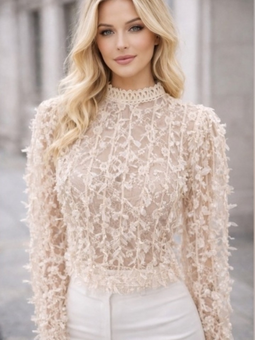 🍋"A Peach" Lace Textured High-Neck Long Sleeve Sheer Cream Top (NWT)